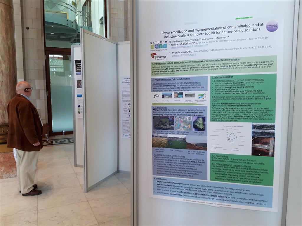 Un homme observe une affiche scientifique intitulée « Phytoremediation and mycoremediation of contaminated land », présentée par Naturem Solutions lors d'un congrès international.