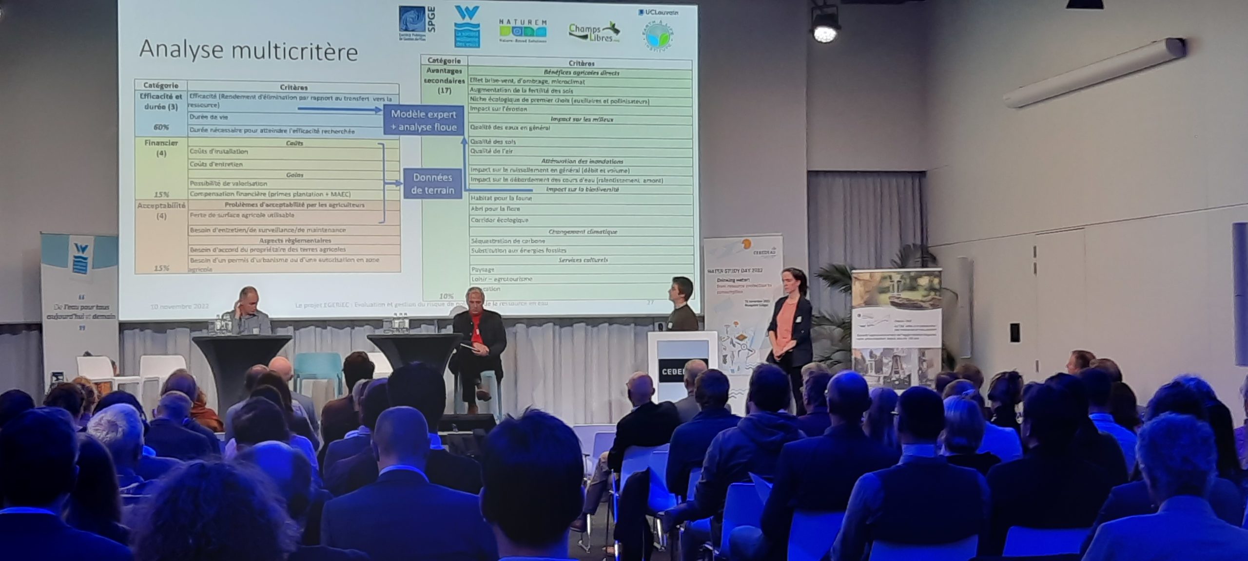 Conférence en salle avec projection d'un tableau d'analyse multicritère à l'écran, trois intervenants sur scène face à un public nombreux assis.